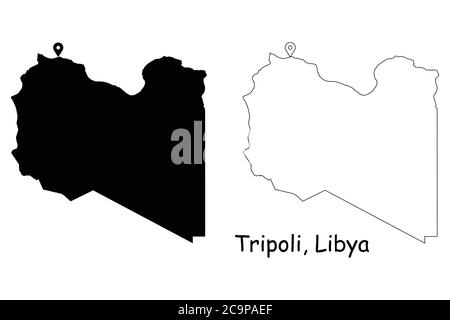Tripoli Libya. Detailed Country Map with Location Pin on Capital City. Black silhouette and outline maps isolated on white background. EPS Vector Stock Vector