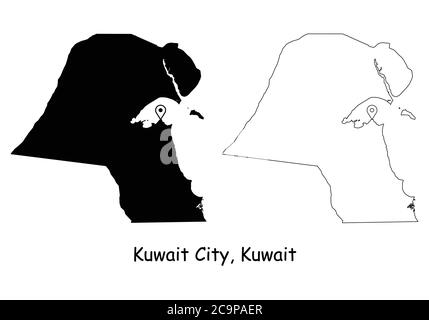 Kuwait City Kuwait. Detailed Country Map with Location Pin on Capital City. Black silhouette and outline maps isolated on white background. EPS Vector Stock Vector