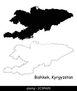 Bishkek Kyrgyzstan. Detailed Country Map with Location Pin on Capital City. Black silhouette and outline maps isolated on white background. EPS Vector Stock Vector