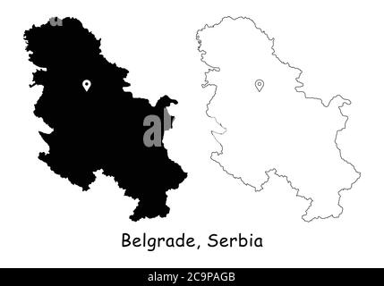 Belgrade, Serbia. Detailed Country Map with Location Pin on Capital City. Black silhouette and outline maps isolated on white background. EPS Vector Stock Vector