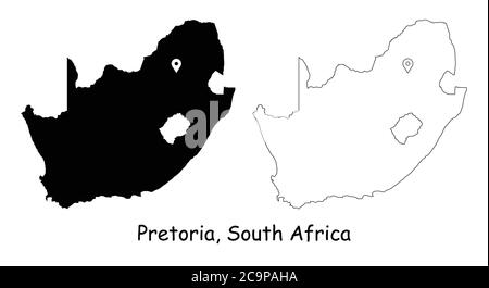 Pretoria, South Africa. Detailed Country Map with Location Pin on Capital City. Black silhouette and outline maps isolated on white background. EPS Ve Stock Vector