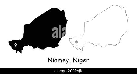 Niamey, Niger. Detailed Country Map with Location Pin on Capital City. Black silhouette and outline maps isolated on white background. EPS Vector Stock Vector