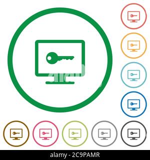 Secure desktop flat color icons in round outlines on white background Stock Vector