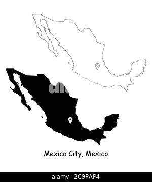 Mexico City, Mexico. Detailed Country Map with Location Pin on Capital City. Black silhouette and outline maps isolated on white background. EPS Vecto Stock Vector