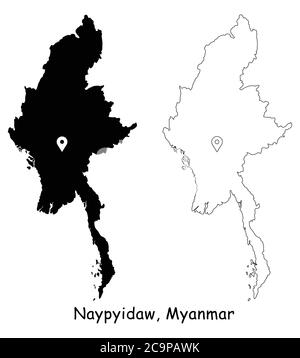Naypyidaw, Myanmar. Detailed Country Map with Location Pin on Capital City. Black silhouette and outline maps isolated on white background. EPS Vector Stock Vector