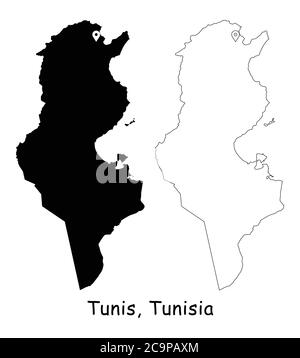 Tunis, Tunisia. Detailed Country Map with Location Pin on Capital City. Black silhouette and outline maps isolated on white background. EPS Vector Stock Vector
