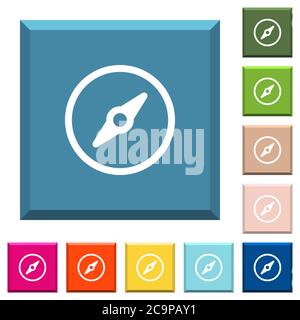 Simple compass white icons on edged square buttons in various trendy colors Stock Vector