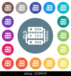 Connected servers flat white icons on round color backgrounds. 17 background color variations are included. Stock Vector