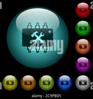 Maintenance icons in color illuminated spherical glass buttons on black ...