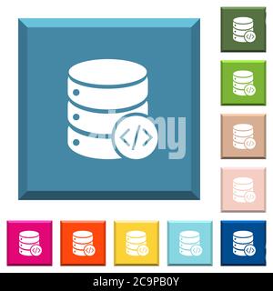 Database programming white icons on edged square buttons in various trendy colors Stock Vector