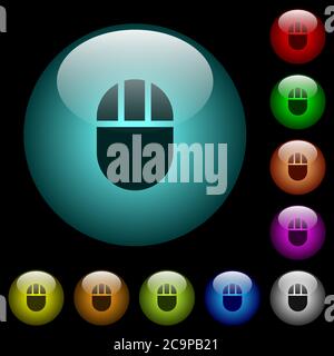 Three buttoned computer mouse icons in color illuminated spherical glass buttons on black background. Can be used to black or dark templates Stock Vector