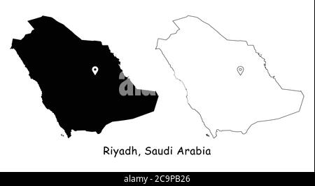 Riyadh, Saudi Arabia. Detailed Country Map with Location Pin on Capital City. Black silhouette and outline maps isolated on white background. EPS Vect Stock Vector