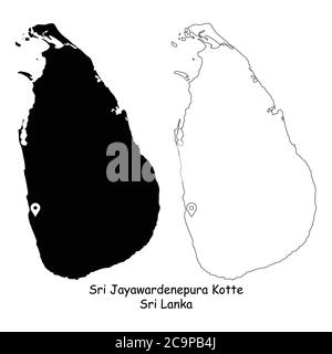 Sri Jayawardenepura Kotte, Sri Lanka. Detailed Country Map with Location Pin on Capital City. Black silhouette and outline maps isolated on white back Stock Vector