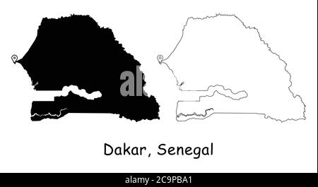 Dakar, Senegal. Detailed Country Map with Location Pin on Capital City. Black silhouette and outline maps isolated on white background. EPS Vector Stock Vector