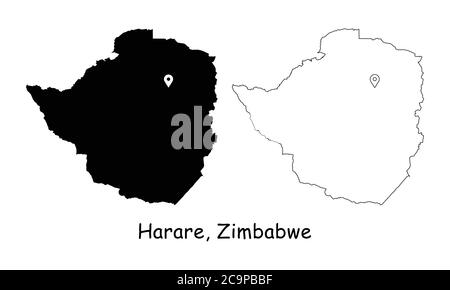 Harare, Zimbabwe. Detailed Country Map with Location Pin on Capital City. Black silhouette and outline maps isolated on white background. EPS Vector Stock Vector