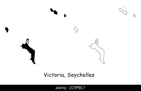 Victoria, Seychelles. Detailed Country Map with Location Pin on Capital City. Black silhouette and outline maps isolated on white background. EPS Vect Stock Vector