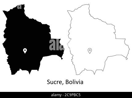 Sucre Bolivia. Detailed Country Map with Location Pin on Capital City. Black silhouette and outline maps isolated on white background. EPS Vector Stock Vector