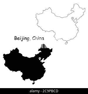 Beijing China. Detailed Country Map with Location Pin on Capital City. Black silhouette and outline maps isolated on white background. EPS Vector Stock Vector