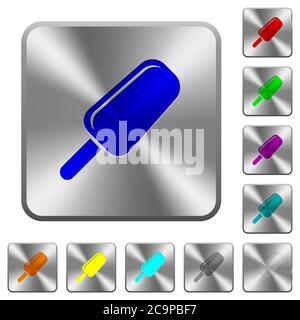 Ice lolly engraved icons on rounded square glossy steel buttons Stock Vector