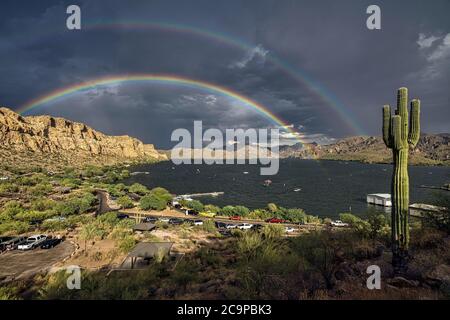 Double rainbow over Saguaro Lake in the Sonoran Desert near Phoenix, Arizona Stock Photo