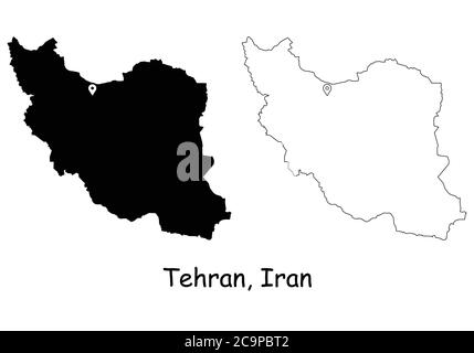 Tehran Iran. Detailed Country Map with Location Pin on Capital City. Black silhouette and outline maps isolated on white background. EPS Vector Stock Vector