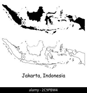 Jakarta Indonesia. Detailed Country Map with Location Pin on Capital City. Black silhouette and outline maps isolated on white background. EPS Vector Stock Vector