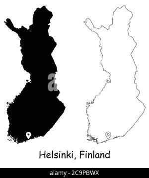 Helsinki Finland. Detailed Country Map with Location Pin on Capital City. Black silhouette and outline maps isolated on white background. EPS Vector Stock Vector