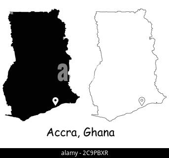 Accra Ghana. Detailed Country Map with Location Pin on Capital City. Black silhouette and outline maps isolated on white background. EPS Vector Stock Vector