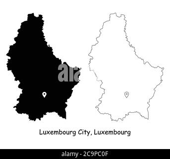 Luxembourg City, Luxembourg. Detailed Country Map with Location Pin on Capital City. Black silhouette and outline maps isolated on white background. E Stock Vector