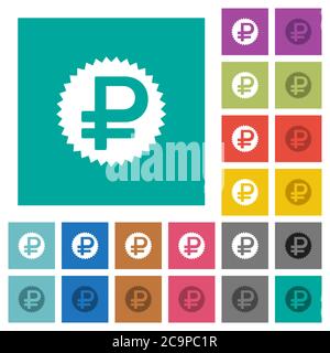 Ruble sticker multi colored flat icons on plain square backgrounds. Included white and darker icon variations for hover or active effects. Stock Vector