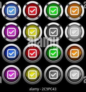 Checkbox white icons in round glossy buttons with steel frames on black background. Stock Vector