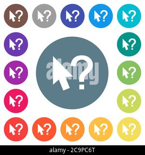 Help cursor flat white icons on round color backgrounds. 17 background color variations are included. Stock Vector