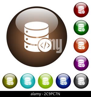 Database programming white icons on round color glass buttons Stock Vector
