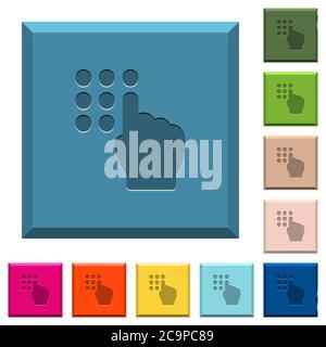 Typing security code engraved icons on edged square buttons in various trendy colors Stock Vector