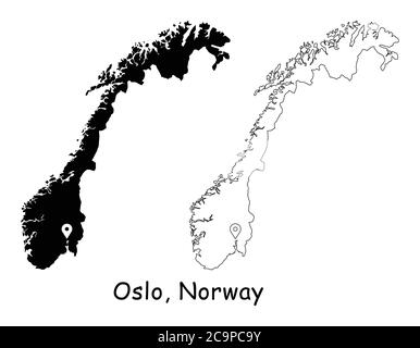 Oslo, Norway. Detailed Country Map with Location Pin on Capital City. Black silhouette and outline maps isolated on white background. EPS Vector Stock Vector