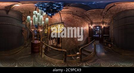 360 degree panoramic view of MINSK, BELARUS - MAY, 2018: full seamless hdri panorama 360 degrees angle view in interior of entrance hall of bar in steampunk style in equirectangul