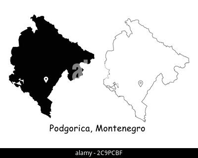 Podgorica, Montenegro. Detailed Country Map with Location Pin on Capital City. Black silhouette and outline maps isolated on white background. EPS Vec Stock Vector