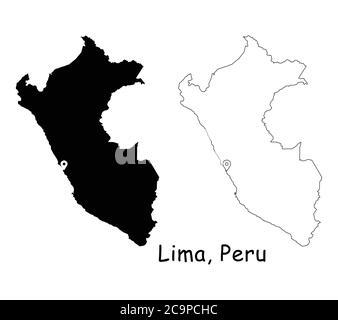 Lima, Peru. Detailed Country Map with Location Pin on Capital City. Black silhouette and outline maps isolated on white background. EPS Vector Stock Vector