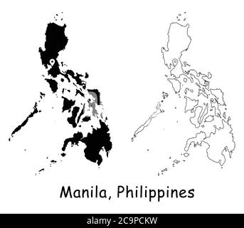 Manila, Philippines. Detailed Country Map with Location Pin on Capital City. Black silhouette and outline maps isolated on white background. EPS Vecto Stock Vector