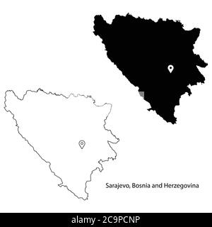 Sarajevo Bosnia and Herzegovina. Detailed Country Map with Location Pin on Capital City. Black silhouette and outline maps isolated on white backgroun Stock Vector
