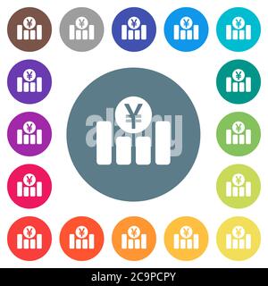 Yen financial graph flat white icons on round color backgrounds. 17 background color variations are included. Stock Vector