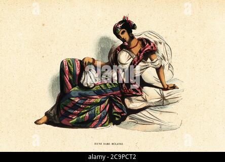 Mixed-race or mulatto woman of Port-au-Prince, Haiti. She wears a white chemise, striped silk skirt, bandana as she lounges on cushions.  Jeune fille mulatre. Handcoloured woodcut by T.S. from Auguste Wahlen's Moeurs, Usages et Costumes de tous les Peuples du Monde, (Manners, Customs and Costumes of all the People of the World) Librairie Historique-Artistique, Brussels, 1845. Wahlen was the pseudonym of Jean-Francois-Nicolas Loumyer (1801-1875), a writer and archivist with the Heraldic Department of Belgium. Stock Photo