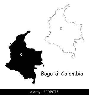 Bogota Colombia. Detailed Country Map with Location Pin on Capital City. Black silhouette and outline maps isolated on white background. EPS Vector Stock Vector