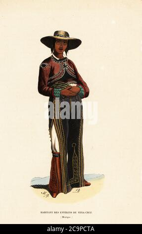 Native of the region of Heroica Veracruz, Mexico. He wears a wide-brimmed hat, charro outfit of bolero jacket, chaps, trousers and boots. Habitant des environs de Vera-Cruz, Mexique. Handcoloured woodcut by MG and Lisbet from Auguste Wahlen's Moeurs, Usages et Costumes de tous les Peuples du Monde, (Manners, Customs and Costumes of all the People of the World) Librairie Historique-Artistique, Brussels, 1845. Wahlen was the pseudonym of Jean-Francois-Nicolas Loumyer (1801-1875), a writer and archivist with the Heraldic Department of Belgium. Stock Photo