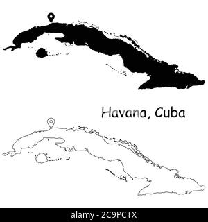 Havana Cuba. Detailed Country Map with Location Pin on Capital City. Black silhouette and outline maps isolated on white background. EPS Vector Stock Vector