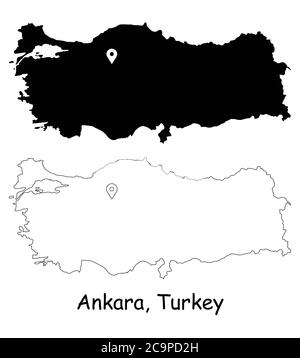 Ankara, Turkey. Detailed Country Map with Location Pin on Capital City. Black silhouette and outline maps isolated on white background. EPS Vector Stock Vector