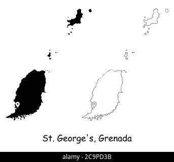 St George's Grenada. Detailed Country Map with Location Pin on Capital City. Black silhouette and outline maps isolated on white background. EPS Vecto Stock Vector