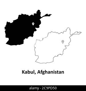 Kabul Afghanistan. Detailed Country Map with Capital City Location Pin. Black silhouette and outline maps isolated on white background. EPS Vector Stock Vector