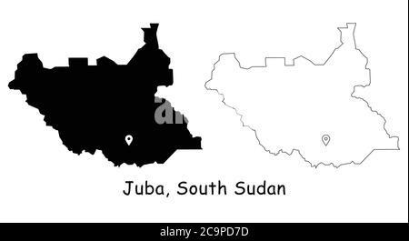 Juba,  Republic of South Sudan. Detailed Country Map with Location Pin on Capital City. Black silhouette and outline maps isolated on white background Stock Vector