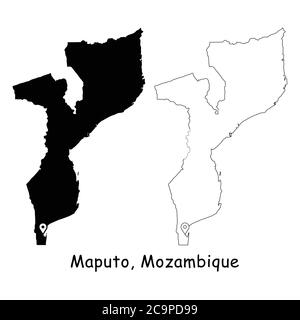 Maputo, Mozambique. Detailed Country Map with Location Pin on Capital City. Black silhouette and outline maps isolated on white background. EPS Vector Stock Vector